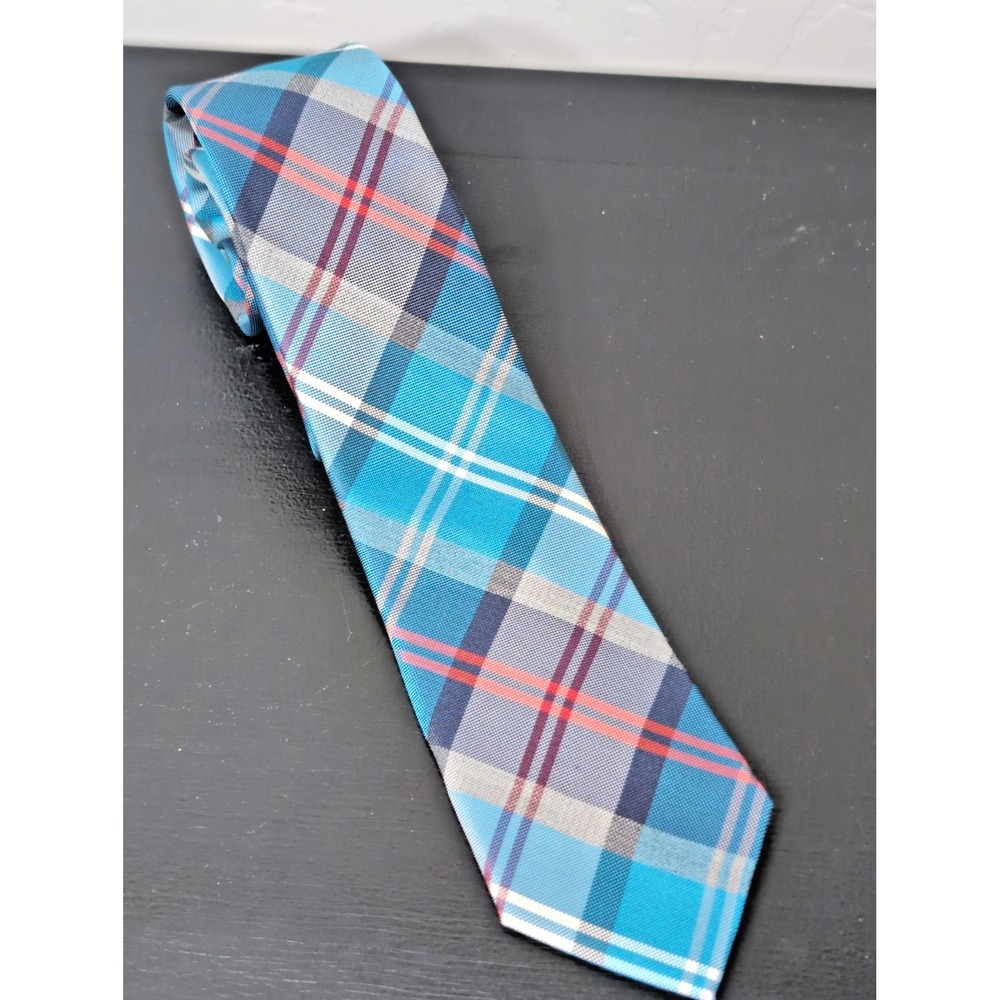 Express Men's Tie Plaid 3" x 60" Turquoise White & Blue Silk Blend